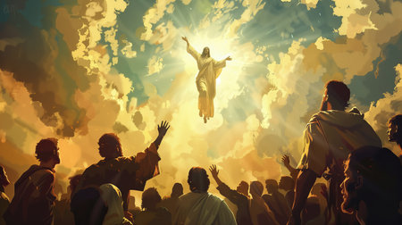 Silhouette of Jesus Christ with his hands raised in the air.の素材