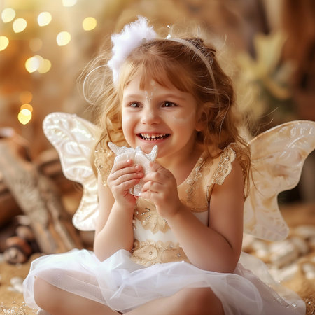Cute little girl with angel wings on the background of Christmas decorations.の素材