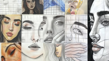 Collage of portraits of a woman with different emotions on the face.の素材