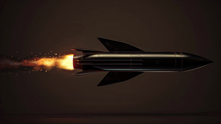 Rocket with fire and smoke. 3D illustration. Isolated on dark background.の素材