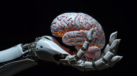 Robot and human brain on black background. 3D rendering.の素材