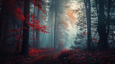 Mysterious foggy forest with red leaves in the morning.の素材