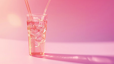 Glass of water with ice cubes and straws on pink background.の素材