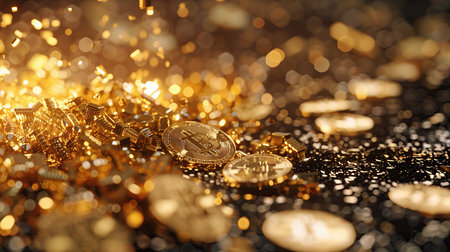 Golden coins and gold bokeh background, cryptocurrency concept, 3D illustrationの素材