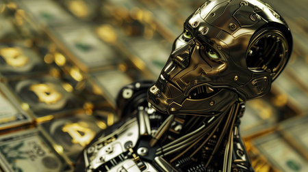 Robot with dollar banknotes. 3d illustration. Selective focus.の素材