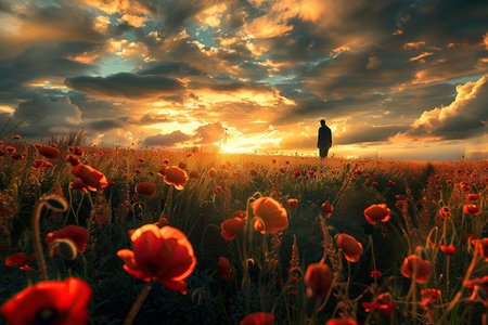Beautiful spring landscape with lonely tree and poppies at sunset.の素材