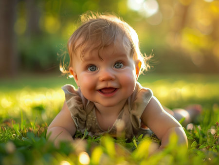 Cute baby lying on the grass in the park. Happy childhood.の素材
