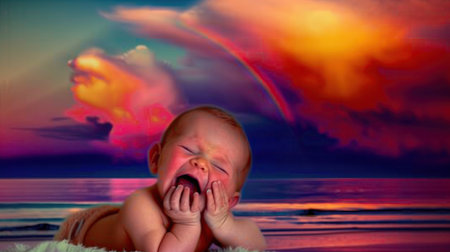 Cute newborn baby crying on the beach with rainbow in the background.の素材