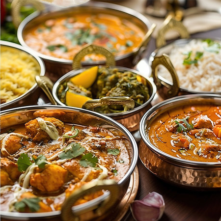 Group of Indian food includes chicken tikka masala, chicken tikka masala, rice, onion, spices and curry, selective focus.の素材