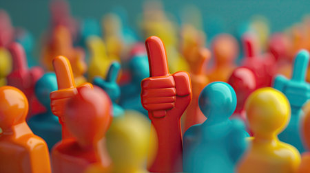 Leadership concept. Group of colorful people with thumbs up. 3d illustration.の素材