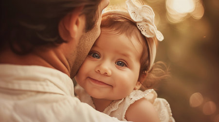 Cute little baby girl with her father in the park at sunset.の素材