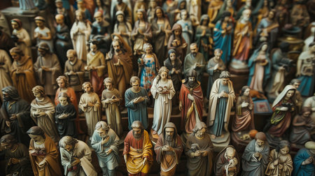 Statues of the Virgin Mary and the baby Jesus in a church.の素材