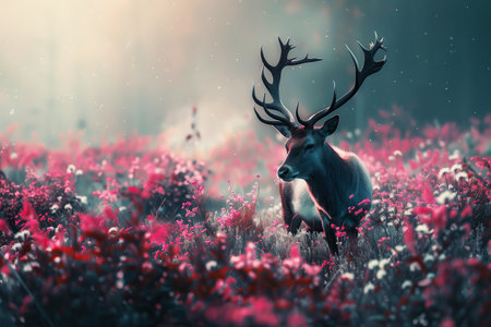 Red deer stag in the misty meadow with red wildflowers.の素材