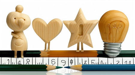 Wooden figures with pencils and lightbulb on white background.の素材