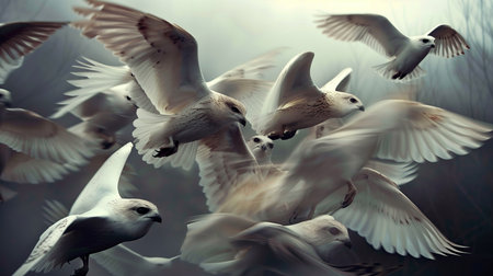 Group of white pigeons flying in the air on a dark background.の素材