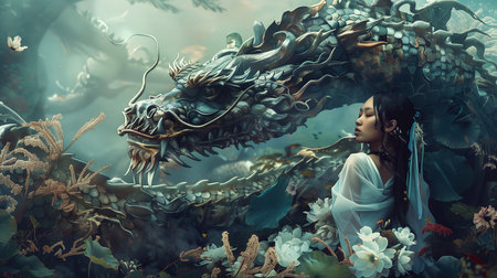 Beautiful asian woman with dragon in fantasy forest. 3d rendering.の素材