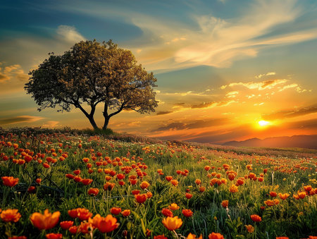 Man in poppy field at sunset. Dramatic sky with clouds.の素材