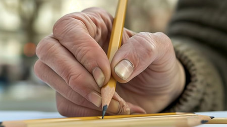Close-up of a woman's hand writing with a pencil on paper.の素材