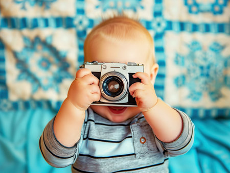 Cute baby boy with a vintage camera on a blue background.の素材