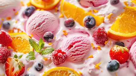 a close up of a cake with fruit and ice cream.の素材