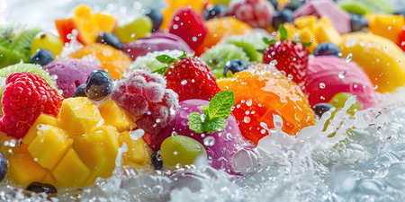 a close up of a cake with fruit and ice cream.の素材