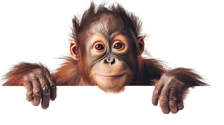 Cute orangutan looking over the edge of billboard, isolated on transparent background.の素材