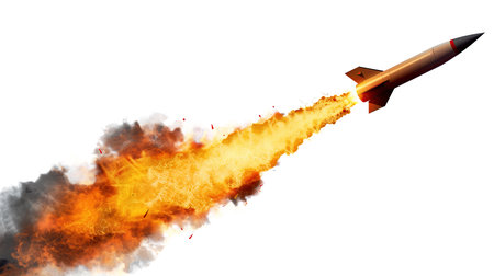 Rocket with fire and smoke isolated on transparent background. 3d illustration.の素材