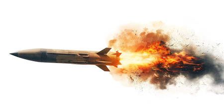 Rocket with fire and smoke isolated on transparent background. 3d illustration.の素材