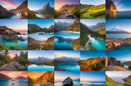 A stunning collage of diverse mountain and lake landscapesの素材