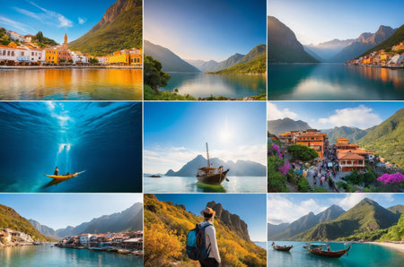 A vibrant collection of coastal and alpine scenery with boats and peopleの素材