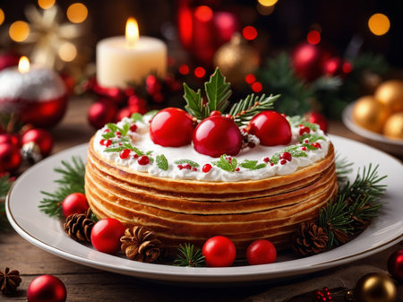 Festive layered cake topped with berries and candlesの素材