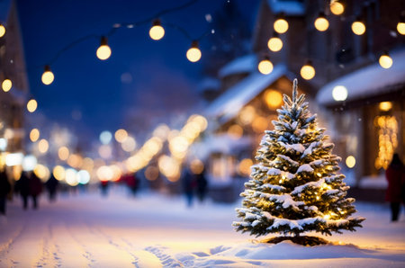 Snowy village street with illuminated Christmas treeの素材
