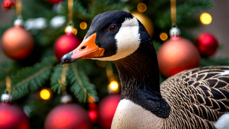 Goose portrait among festive ornaments and greeneryの素材