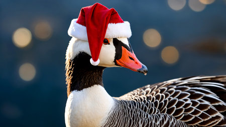 Duck wearing a small Santa hat closeup portraitの素材
