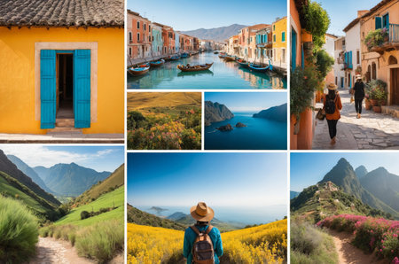 A picturesque montage featuring colorful houses, canals, and mountain trailsの素材
