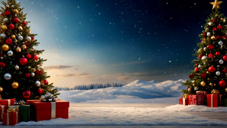 Snowy landscape framed by decorated Christmas treesの素材