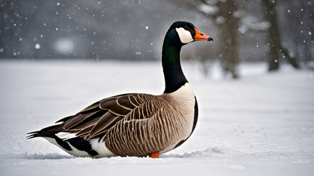 Solitary goose standing on snowy field near waterの素材