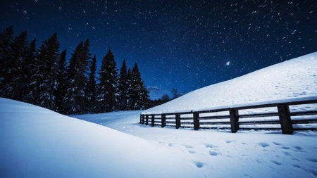 Wooden fence trailing across snowy rolling hillsの素材