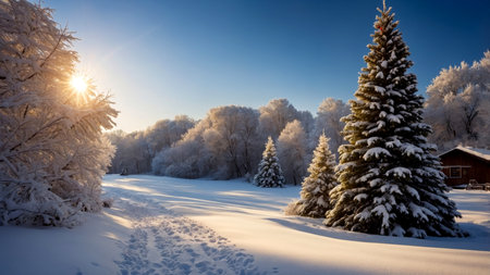 Tall decorated fir standing in snowy clearingの素材