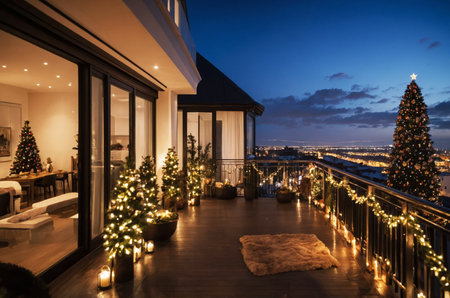 Balcony walkway lined with glowing holiday garlandsの素材
