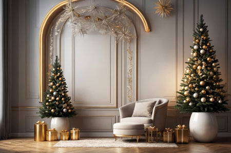Opulent sitting area with twin Christmas trees and chairの素材