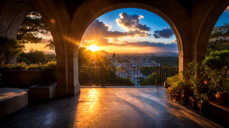 Arched terrace framing golden sunset and viewの素材