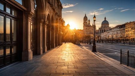 Historic city street glowing under sunrise lightの素材