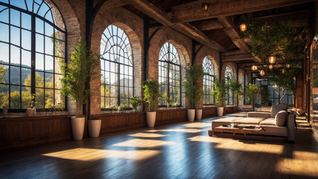 Grand indoor atrium with tall arched windowsの素材