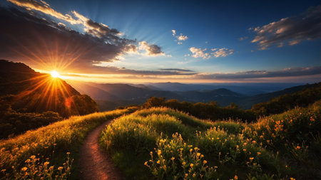Sunset-lit rolling hills with winding country pathの素材