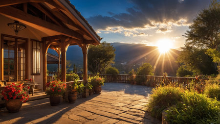 Sunny terrace garden with countryside view at dawnの素材