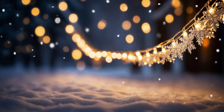 String lights draped over snowy foreground with bokehの素材