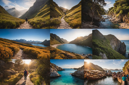 Collage of mountain peaks and valleys with hikers enjoying the panoramic sceneryの素材