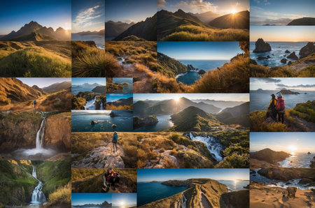 Collage of coastal paths, cliffs, and ocean views with dramatic cloud formationsの素材