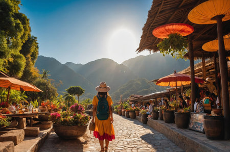 Lively street market scene with vendors, umbrellas, and tourists in a sunny townの素材